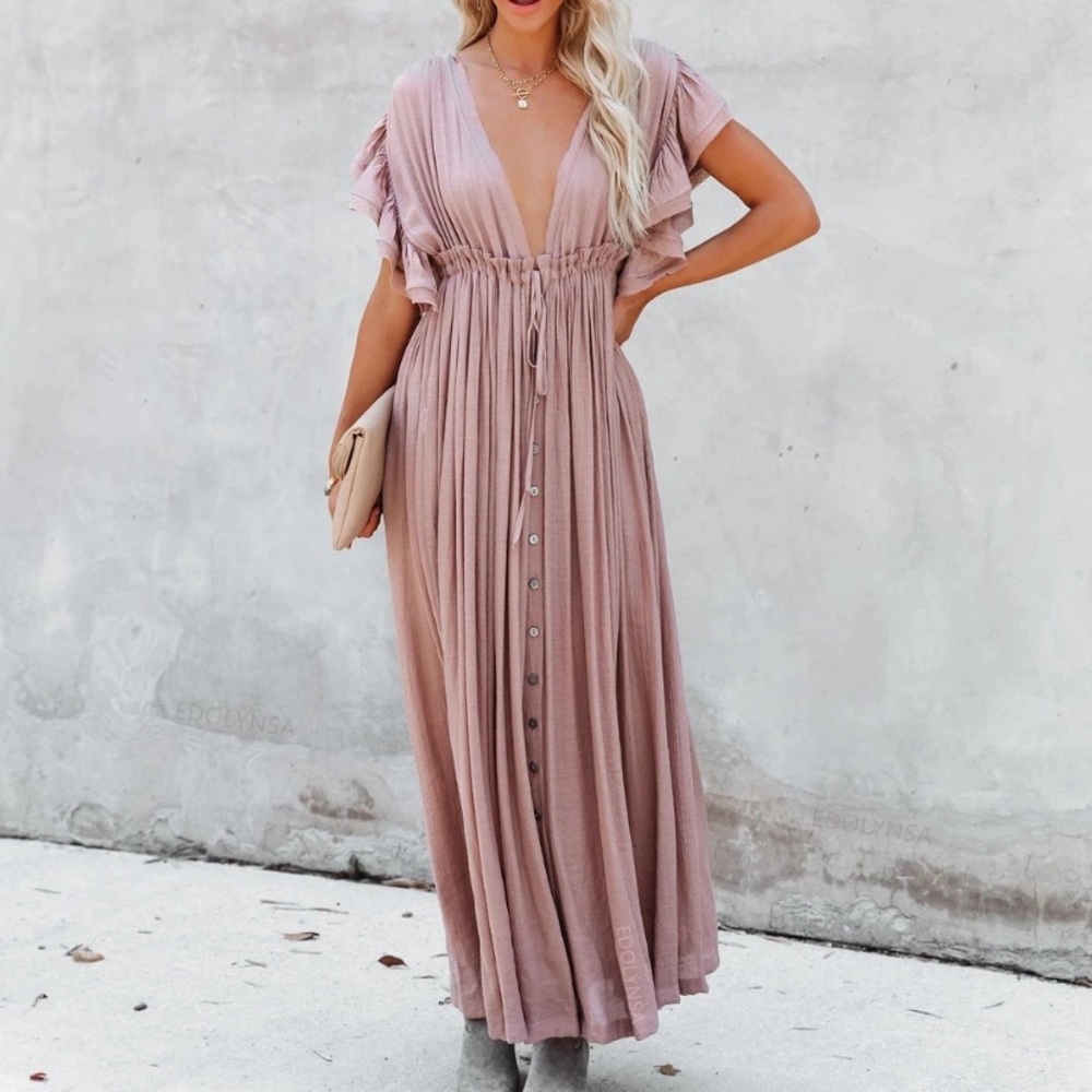 Light Dusty Pink Gauze Boho Button Maxi Coverup Dress - Picture 3 of 10